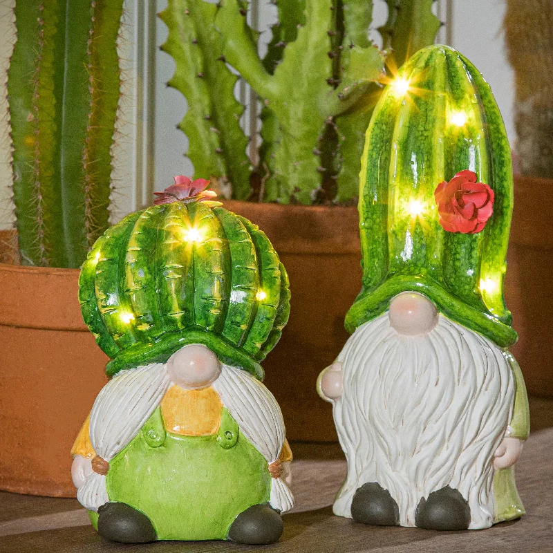 Lighted Ceramic Cactus Gnomes, Set of 2