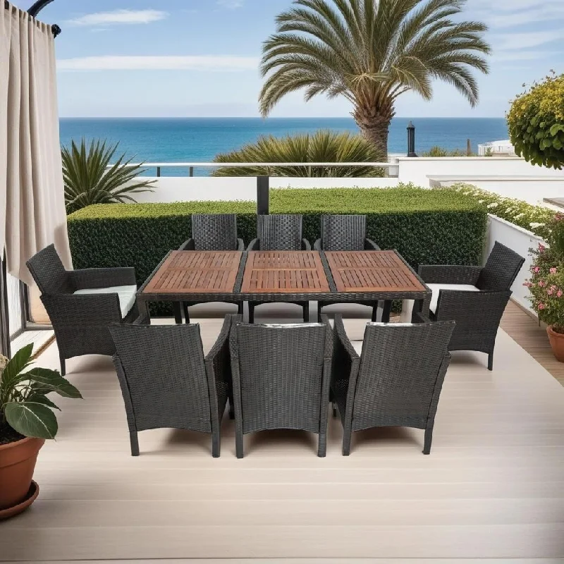 9 Piece Outdoor Patio Wicker Dining Set With Acacia Wood Top And Cushion