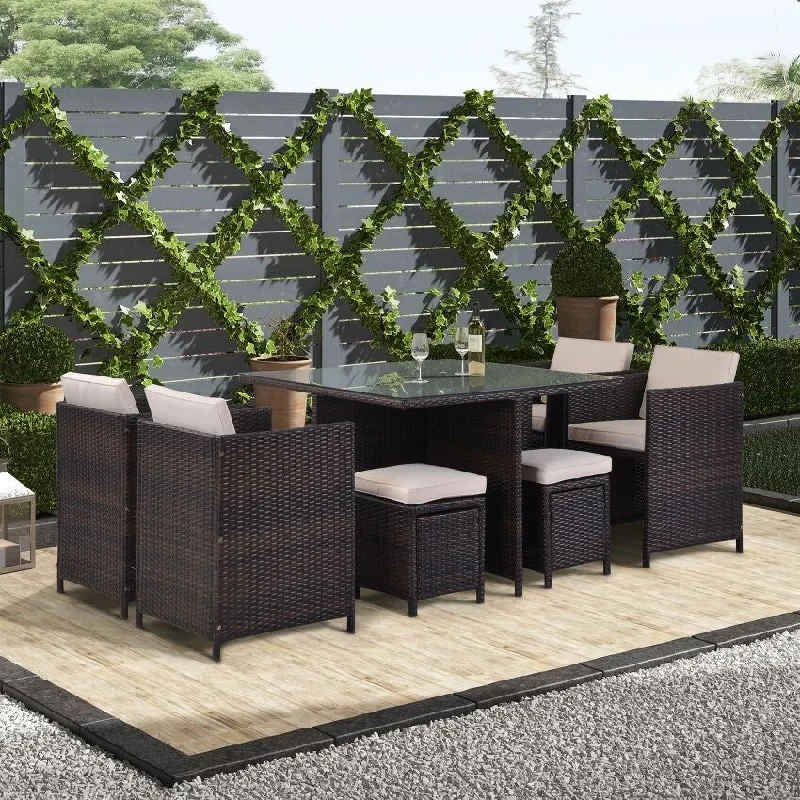 9 Piece Rattan Conversation Set with Cushions, Patio Rattan Dining Set