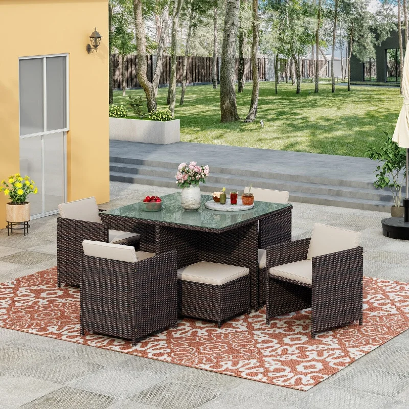 9 Piece Rattan Conversation Set with Cushions, Patio Rattan Dining Set