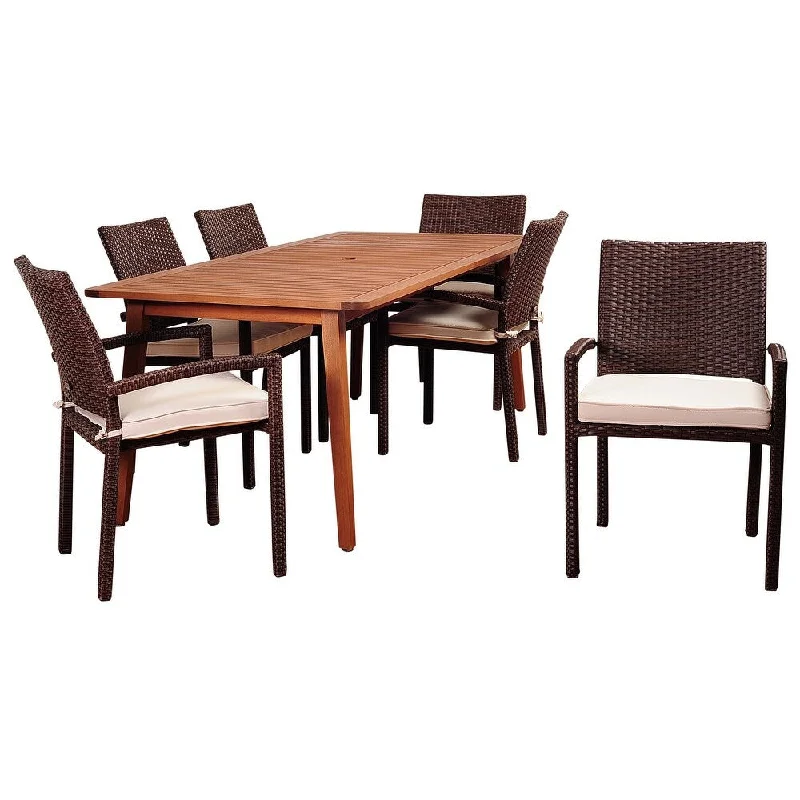 Amazonia Adelson 7-Piece Outdoor Dining Set Eucalyptus Rectangular Patio Furniture with Off-White Cushions