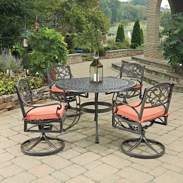 Biscayne Rust Bronze Round 5 Pc Outdoor Dining Table & 4 Swivel Rocking Chairs with Cushions by Home Styles