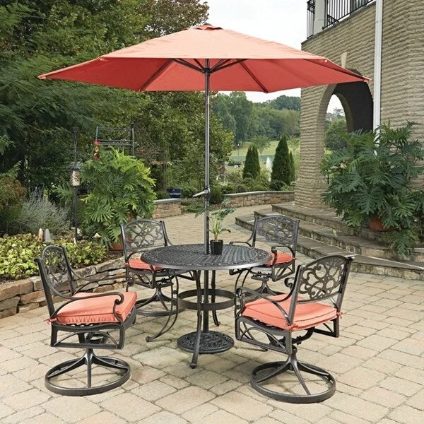 Biscayne Rust Bronze Round 7 Pc Outdoor Dining Table, 4 Swivel Rocking Chairs with Cushions & Umbrella with Base by Home Styles