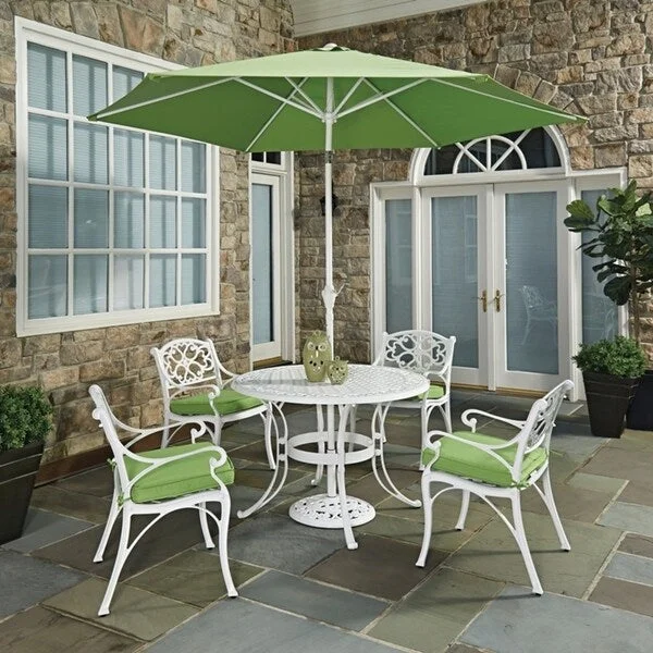 Biscayne White Round 7 Pc Outdoor Dining Table, 4 Arm Chairs with Cushions & Umbrella with Base by Home Styles