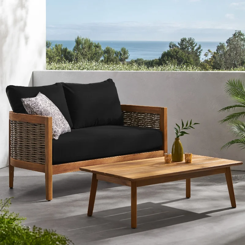 Christopher Knight Home Burchett Acacia Wood Outdoor Loveseat and Coffee Table Set with Optional Sunbrella Cushions