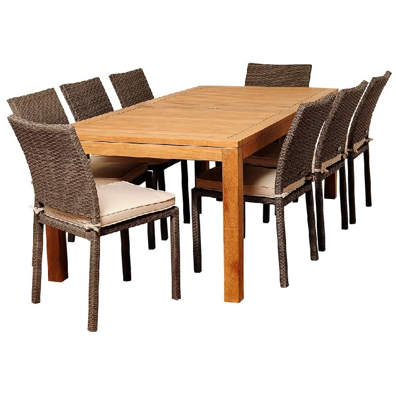 Damian 9-Piece Outdoor Dining Set Teak Wicker Rectangular Patio Furniture with Off-White Cushions