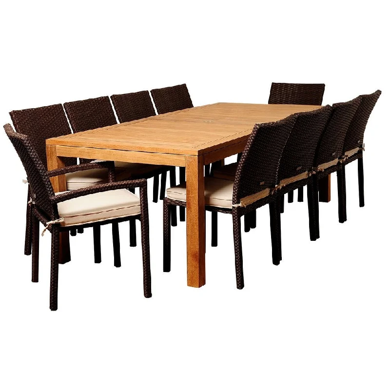 Darren 11-Piece Outdoor Dining Set Teak Wicker Rectangular Patio Furniture with Off-White Cushions