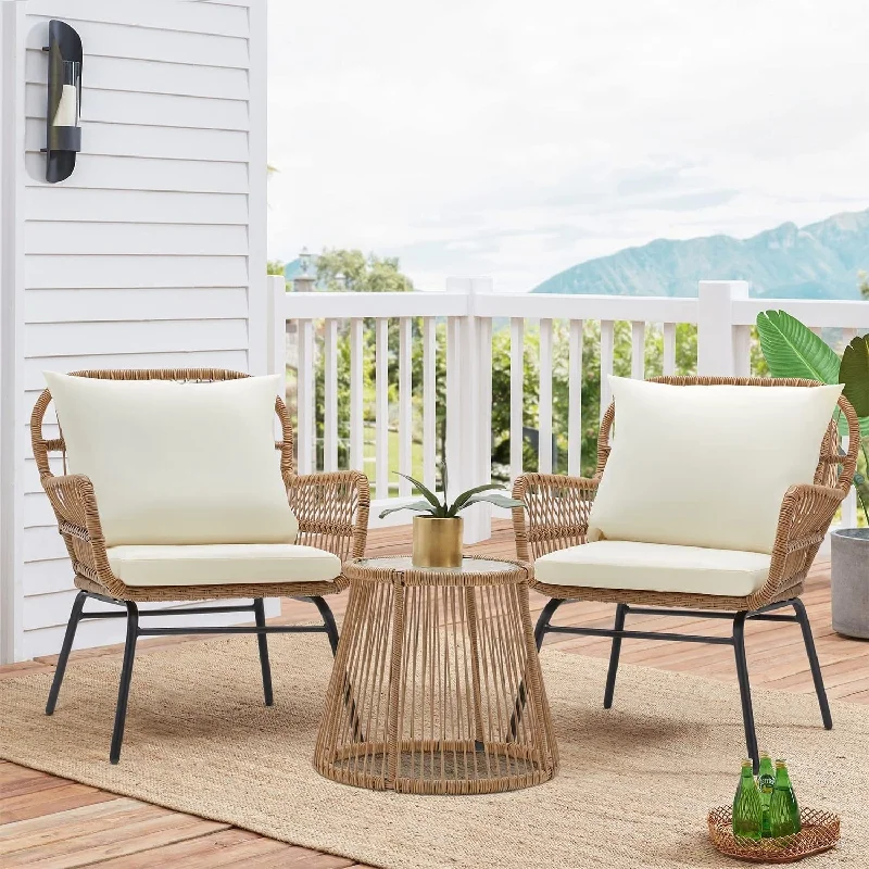 EROMMY 3-Piece Patio Conversation Set with Glass Table & 2 Armchairs, Seat Cushions