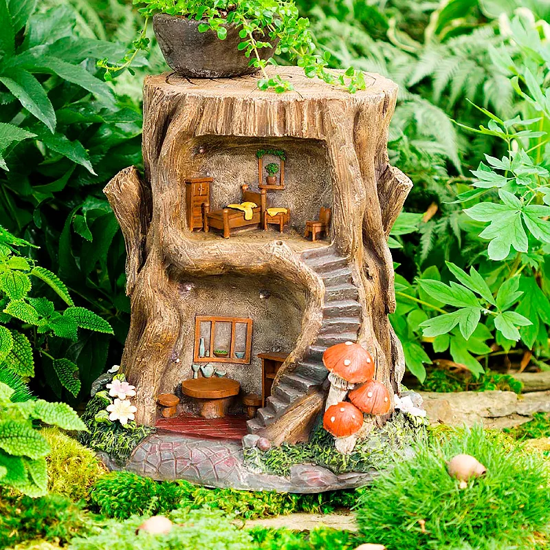 Two-Story Fully-Furnished Solar Lighted Fairy House in a Stump