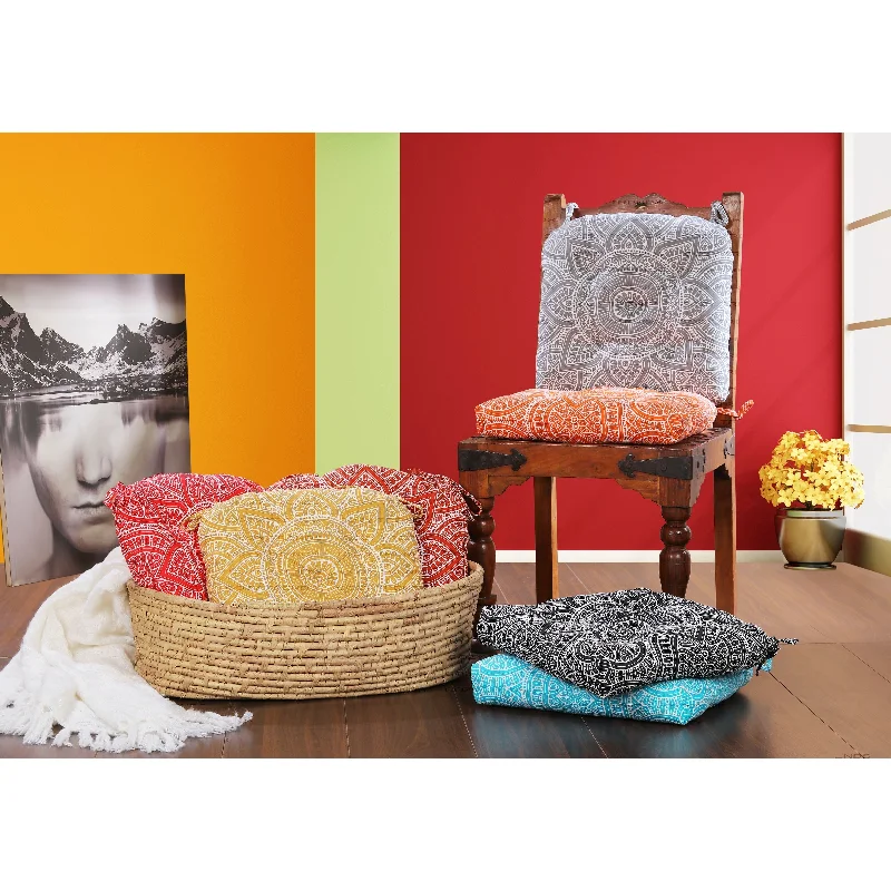 Indoor | Outdoor Cotton Mandala Chair Pads - Fade and Water Resistant |19''x19''| Tufted Cushions (Set of 2)