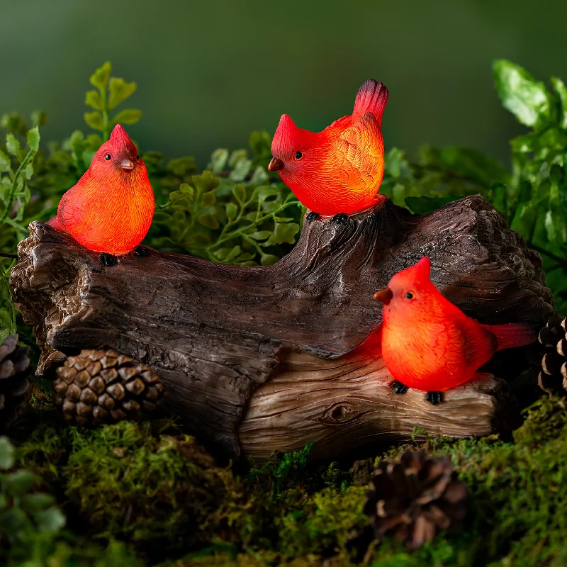 Solar Cardinal Family On Wooden Log, 5"H