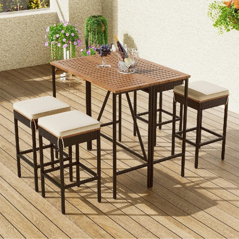 Merax 5-Piece Outdoor Acacia Wood Bar Height Table And Four Stools With Cushions