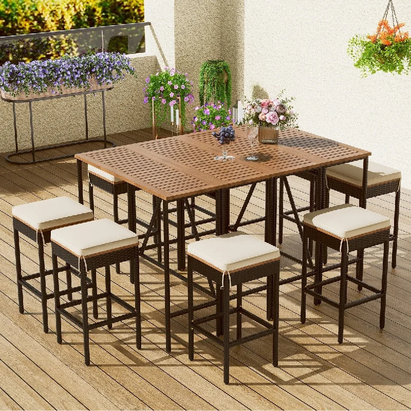 Outdoor All-Weather Acacia Wood Bar Height Table And Stools With Cushions, Dining Set