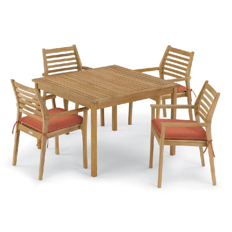 Oxford Garden Classic 5-piece 42-inch Square Dining Table & Mera Stacking Armchair Set - Dupione Papaya Cushion