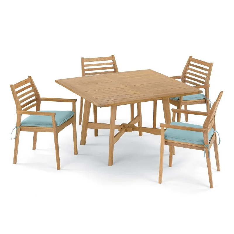 Oxford Garden Wexford 5-piece 48-inch Dining Table & Mera Shorea Natural Stacking Armchair Set - Canvas Mineral Blue Cushions