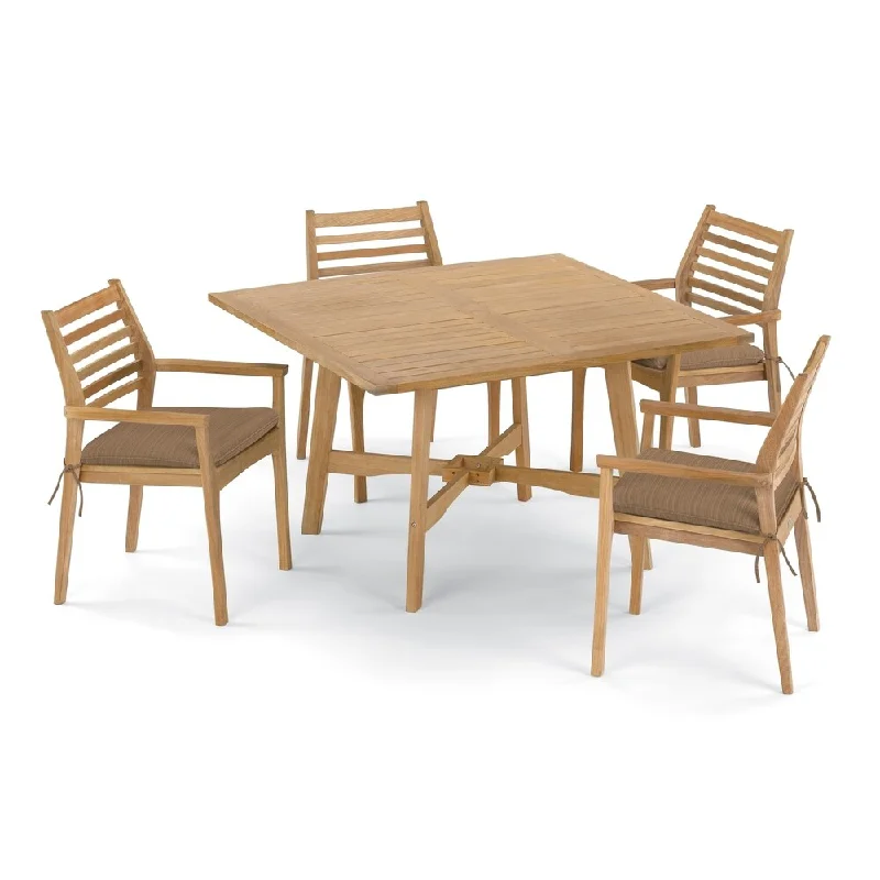 Oxford Garden Wexford 5-piece 48-inch Dining Table & Mera Shorea Natural Stacking Armchair Set - Dupione Walnut Cushions