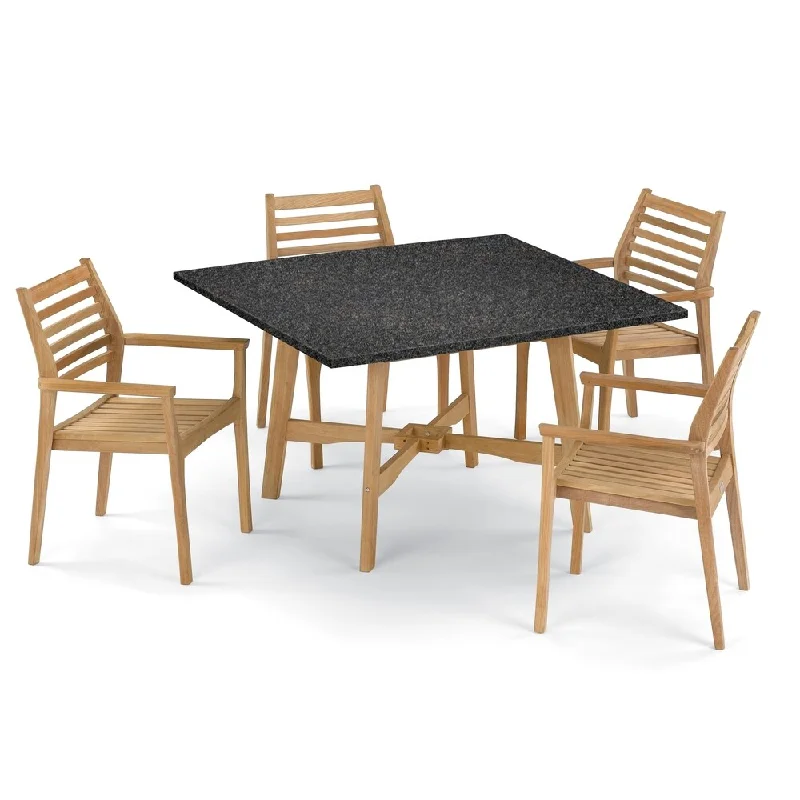 Oxford Garden Wexford 5-piece 48-inch Lite-Core Charcoal Dining Table & Mera Shorea Natural Stacking Armchair Set (No Cushion)