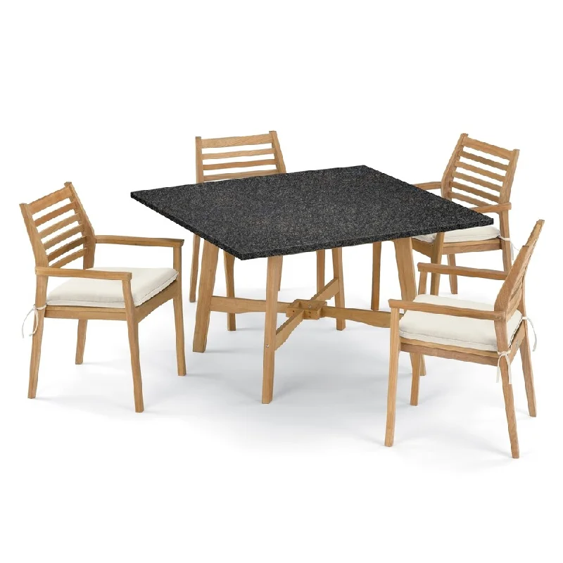 Oxford Garden Wexford 5-piece 48-inch Lite-Core Dining Table & Mera Shorea Stacking Armchair Set - Canvas Cushions