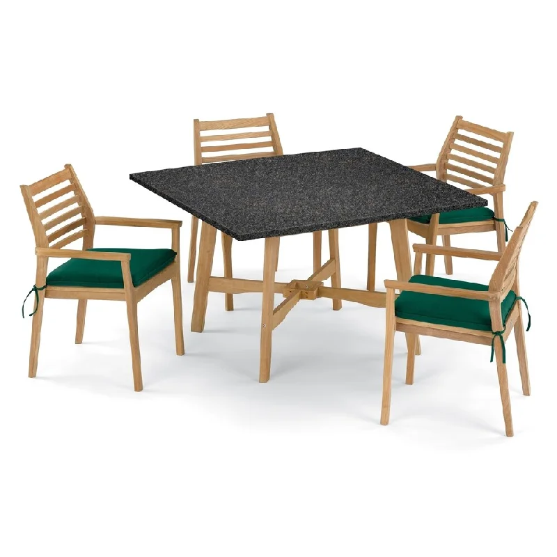 Oxford Garden Wexford 5-piece 48-inch Lite-Core Dining Table & Mera Shorea Stacking Armchair Set - Hunter Green Cushions