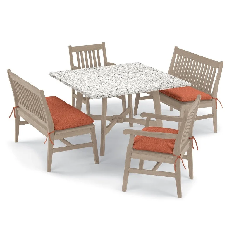 Oxford Garden Wexford 5-piece Lite-Core Ash Table, Shorea Grigio Chair and Bench Dining Set - Dupione Papaya Cushions