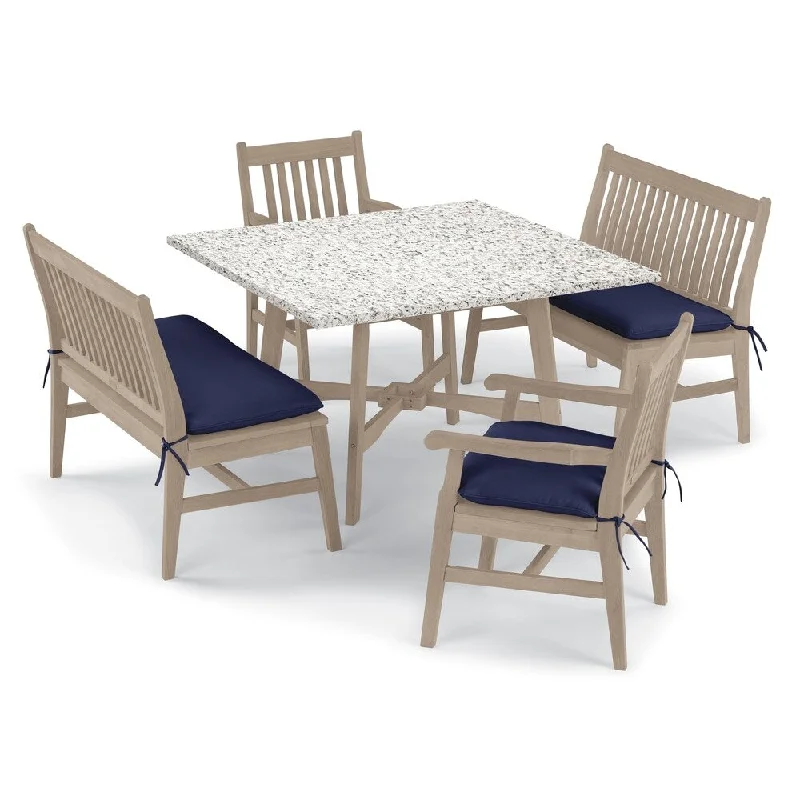 Oxford Garden Wexford 5-piece Lite-Core Ash Table, Shorea Grigio Chair and Bench Dining Set - Navy Blue Cushions