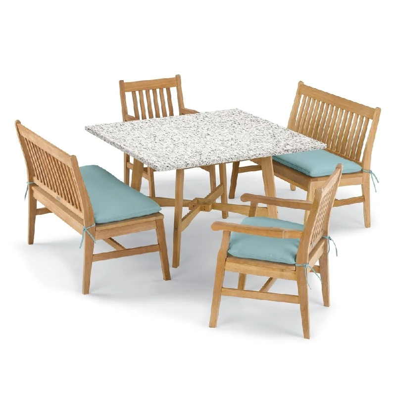 Oxford Garden Wexford 5-piece Lite-Core Ash Table, Shorea Natural Chair and Bench Dining Set - Canvas Mineral Blue Cushions