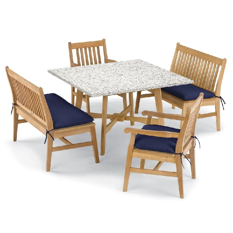 Oxford Garden Wexford 5-piece Lite-Core Ash Table, Shorea Natural Chair and Bench Dining Set - Navy Blue Cushions