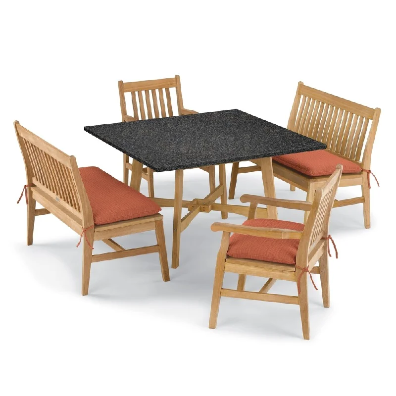 Oxford Garden Wexford 5-piece Lite-Core Charcoal Table, Shorea Natural Chair and Bench Dining Set - Dupione Papaya Cushions