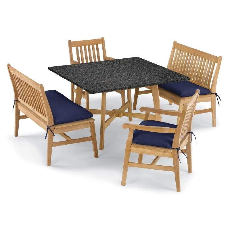 Oxford Garden Wexford 5-piece Lite-Core Charcoal Table, Shorea Natural Chair and Bench Dining Set - Navy Blue Cushions