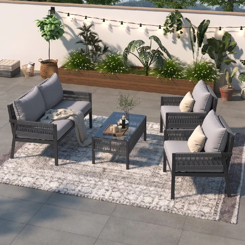 Patio Conversation Set Furniture with Tempered Glass Table, Deep Seating & Thick Cushion