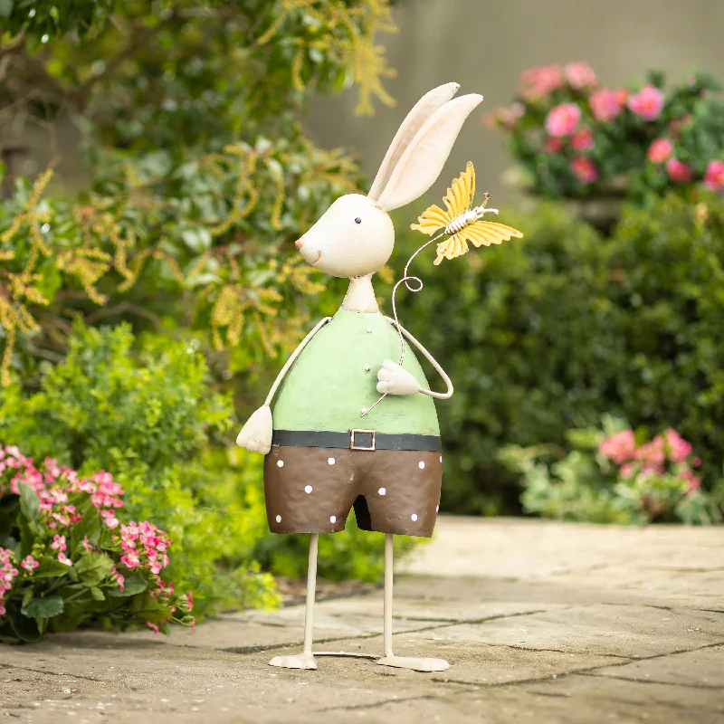 Metal Bunny With Butterfly Garden Statue