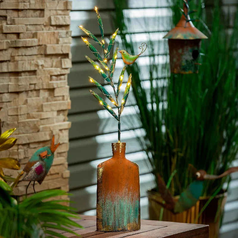 Lighted Metal Vase with Bird Garden Statue