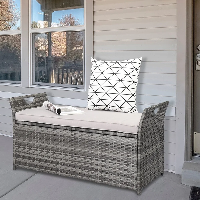 Rattan Storage Bench Outdoor Rattan Deck Storage Box with Cushion