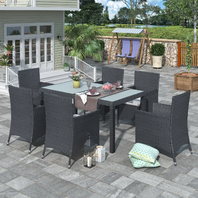 Stylish 7-Piece Patio Outdoor Wicker Dining Set with Beige Cushion with Durable Powder-coated steel Frames