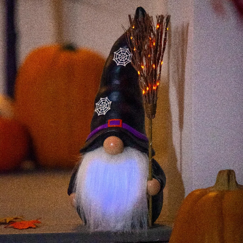 Lighted Witch Gnome Statue with Spiderweb Hat