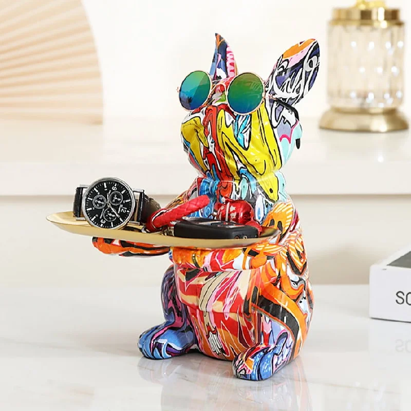 ArtZ® French Bulldog Graffiti Painted Sculpture Table Tray With Piggy Bank