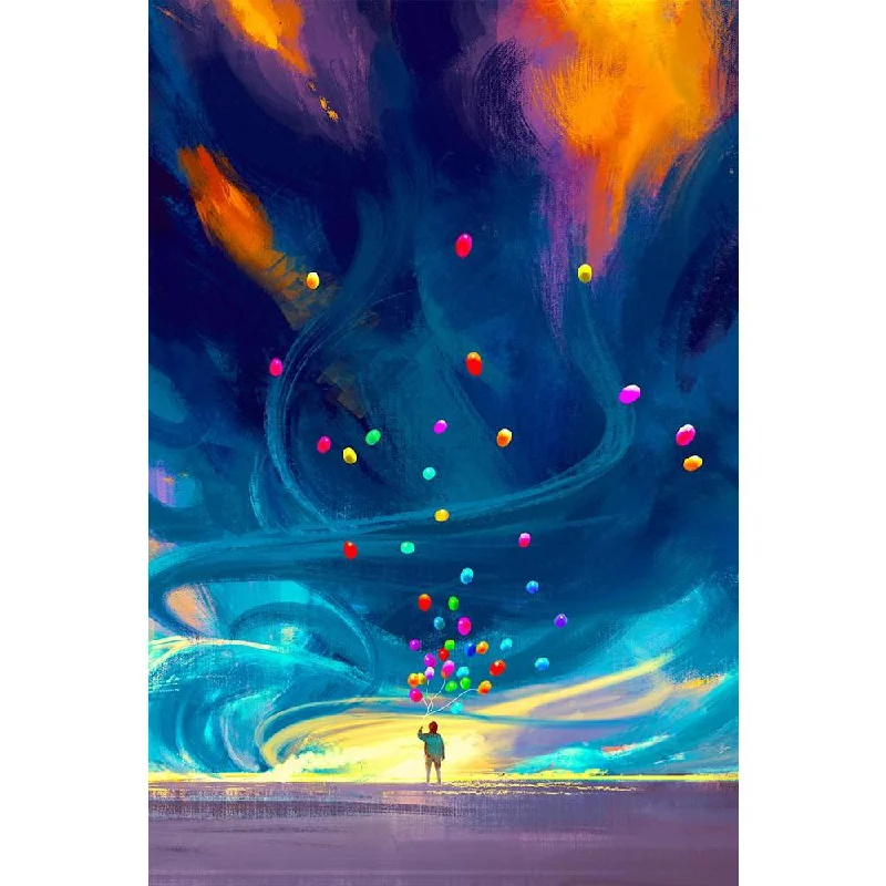 ArtzFolio Child Holding Balloons In Front Of Fantasy Storm Unframed Paper Poster