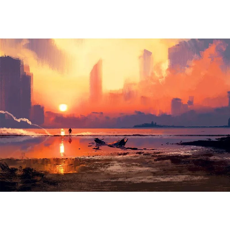 ArtzFolio Man On Sea Beach Looking At Skyscraper Unframed Paper Poster