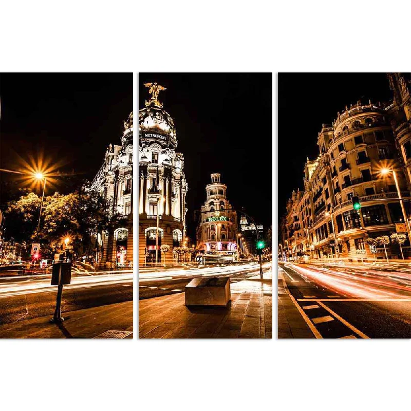 ArtzFolio Street Traffic In Night Madrid, Spain Split Art Painting Panel on Sunboard