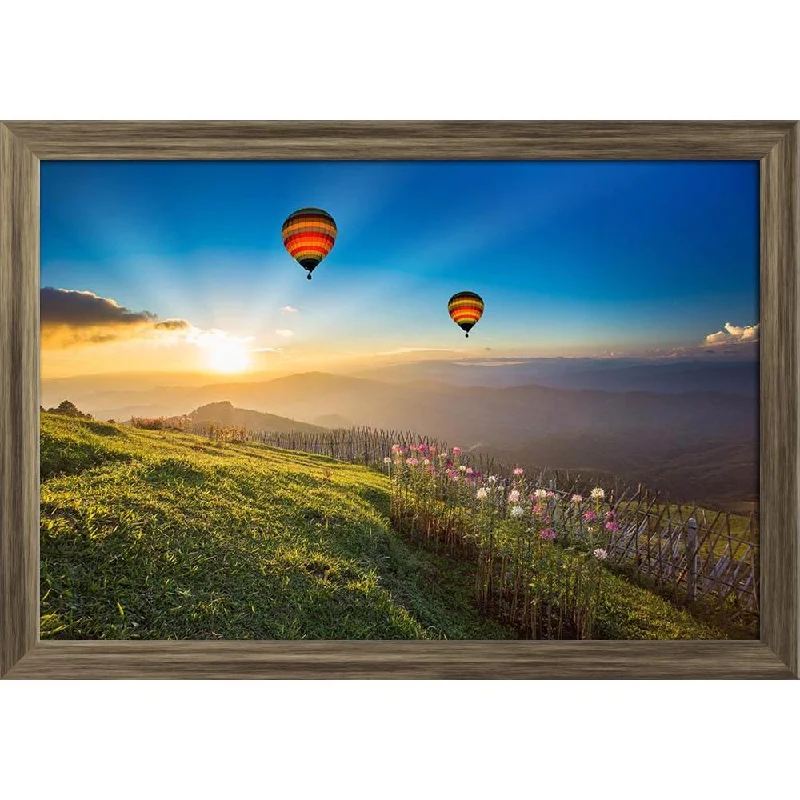 ArtzFolio Sunset Over Forest Mountain With Hot Air Balloon Paper Poster Frame | Top Acrylic Glass