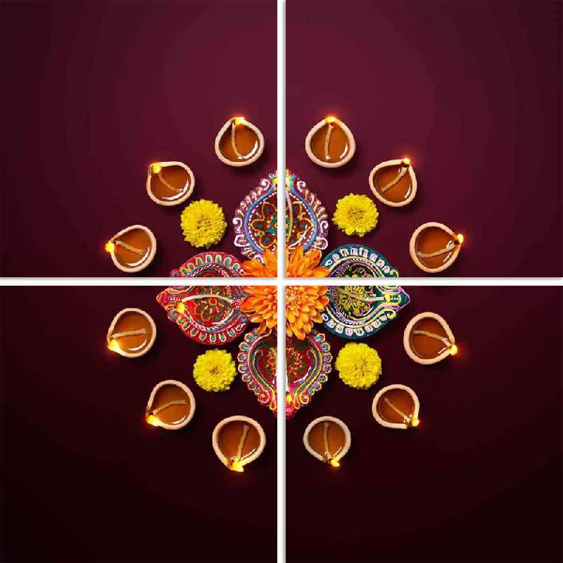 ArtzFolio Traditional Photo of Colorful Diwali Diya Lamps Split Art Painting Panel on Sunboard