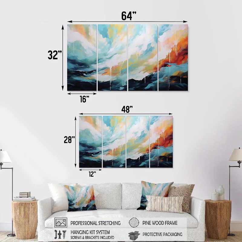 Designart "Azure Blue White Fusion I" Abstract Painting Extra Large Canvas Set Of 4 - Oversized Modern Wall Art Decor