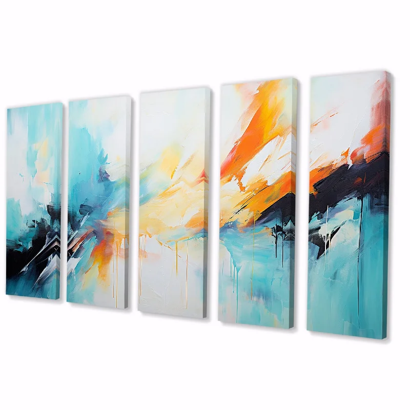 Designart "Azure Blue Yellow Fusion III" Blue Abstract Painting Set Of 5 Modern Oversized Wall Decor Art For Living Room