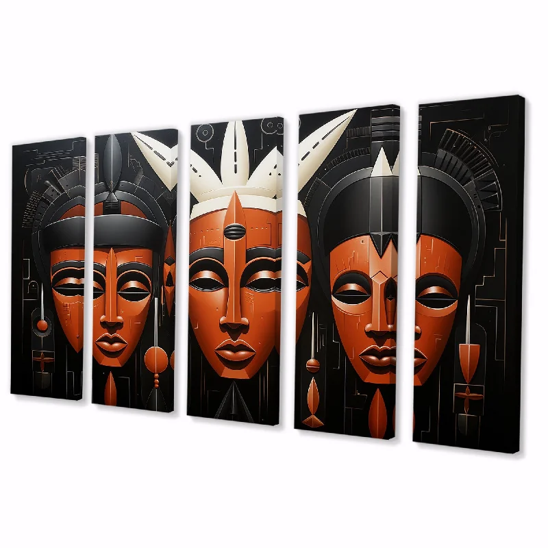 Designart "Black And Orange African Kuba Patterns Mask" African Mask Set Of 5 Oversized Canvas Wall Art For Entryway