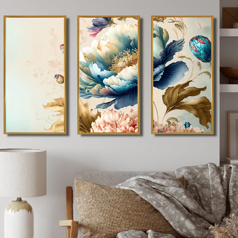 Designart "Blue And Gold Floral Bunch I" Floral Framed Canvas Art Print - 3 Panels