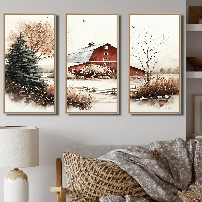 Designart "Calm Red Barn In Winter I" Farmhouse / Country Framed Canvas Art Print - 3 Panels