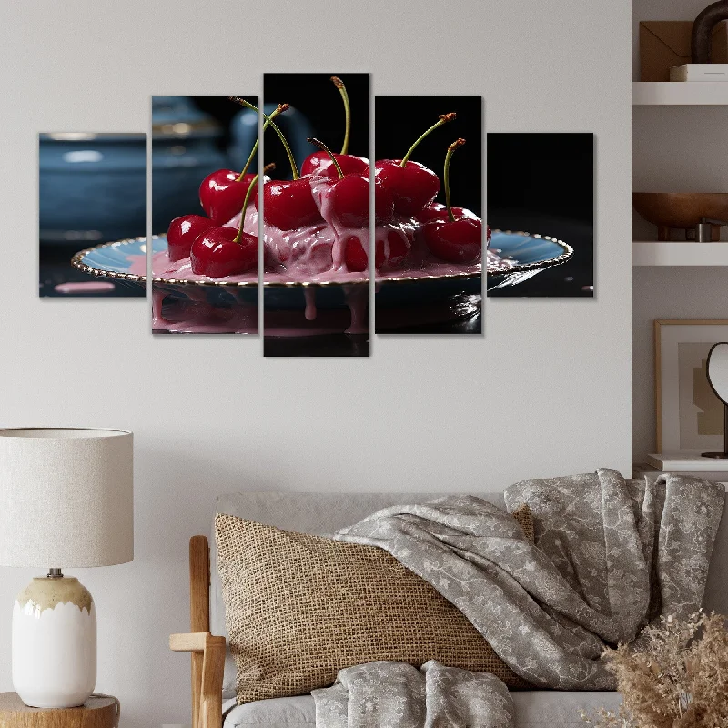 Designart "Cherry Sundae Dessert Explosion" Red Cherry Set Of 5 - Traditional Oversized Wall Decor Art For Living Room