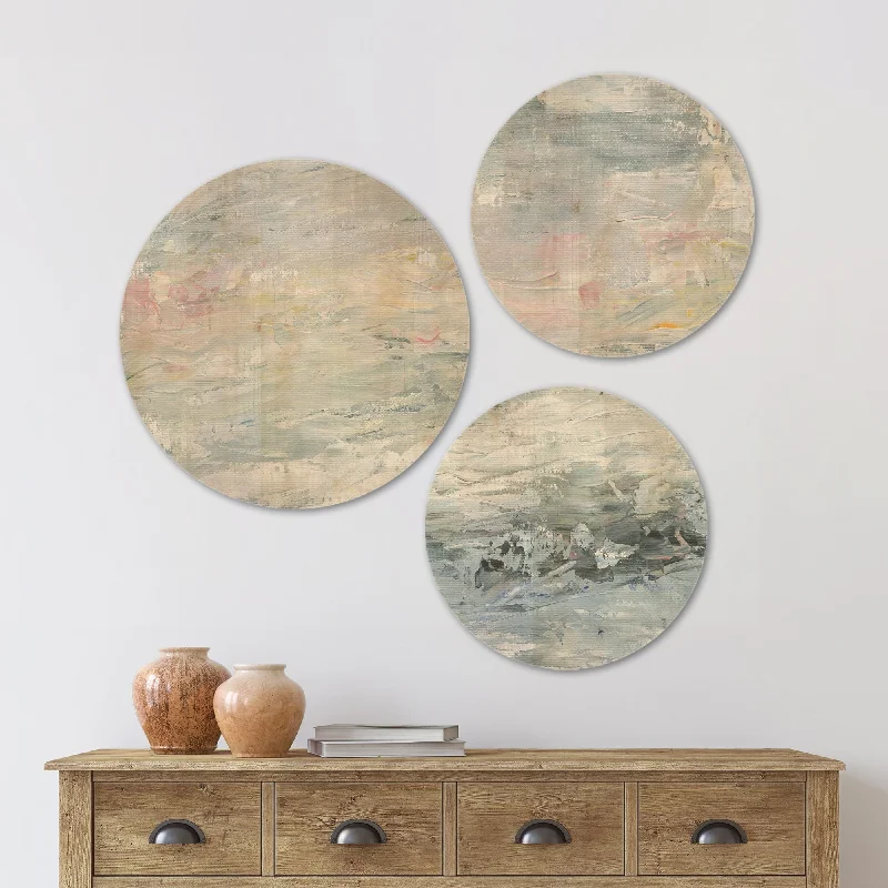 Designart 'Gray Abstract Watercolor II' Contemporary Wood Wall Art Set of 3 Circles