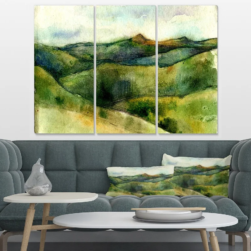 Designart "Green Mountains Watercolor" Landscape Canvas Print - 36x28 - 3 Panels