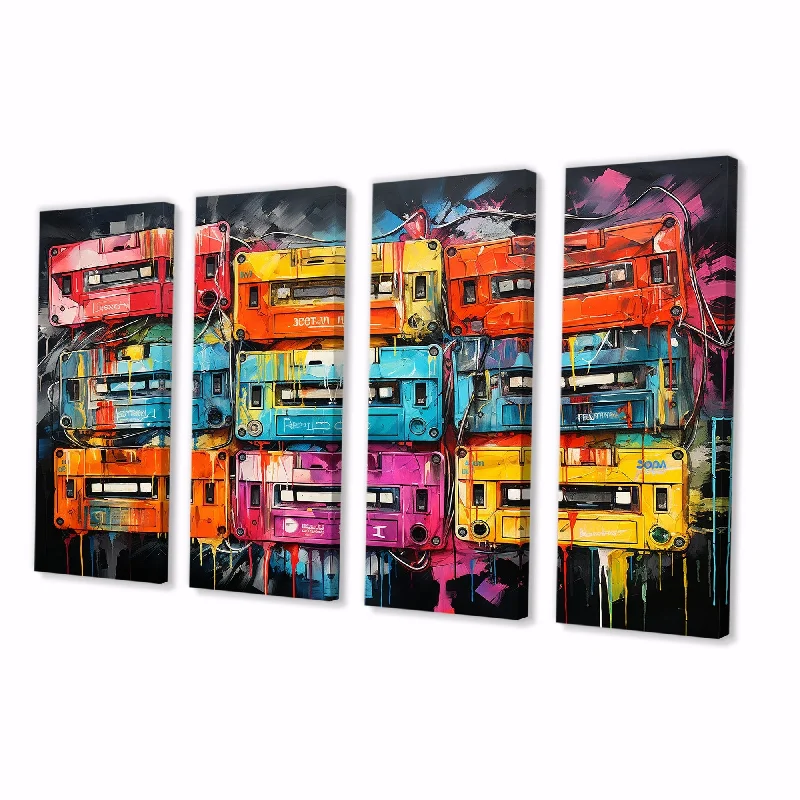 Designart "Neon Groove Cassette Tapes III" Cassette Tapes Extra Large Canvas Set Of 4 - Oversized Modern Wall Art